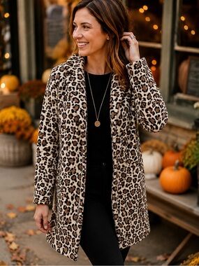 Fleece Animal Print Leopard Print Open-Front Jacket